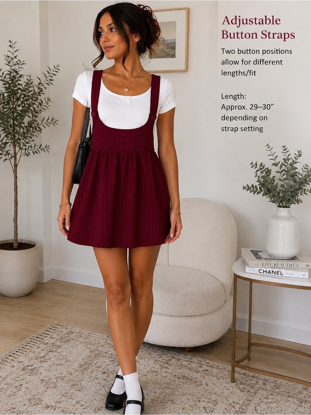 Forever 21 Burgundy Pinafore Mini Dress/Tunic Size S Y2K Preppy Pinstripes